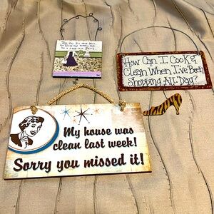 3 Small wood & metal decor funny signs to hang in home.